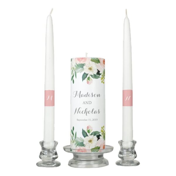 Pink and White Flower Wedding Unity Candle Set