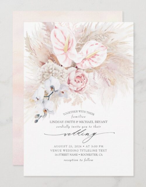 Pink Anthurium Orchids and Pampas Grass Wedding Invitation