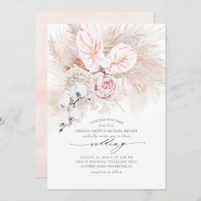 Pink Anthurium Orchids and Pampas Grass Wedding Invitation