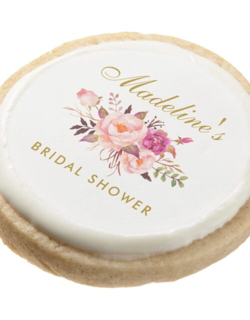 Pink Blush Gold Floral Bridal Shower Round Shortbread Cookie