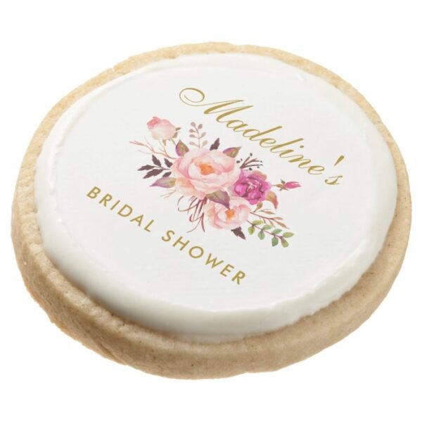 Pink Blush Gold Floral Bridal Shower Round Shortbread Cookie