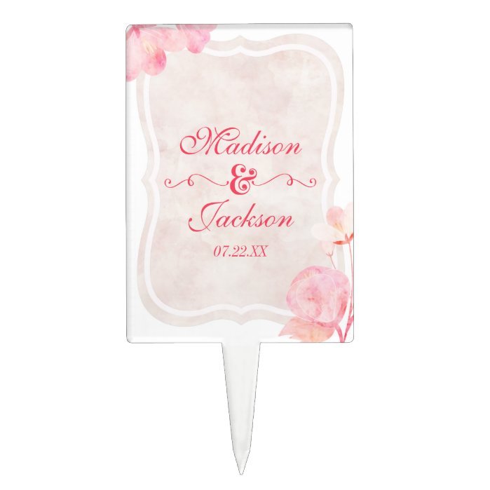 Pink & Blush Watercolor Floral Wedding Monogram Cake Topper
