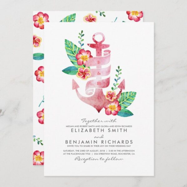 Pink Floral Anchor | Nautical | Beach Wedding Invitation