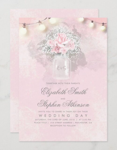 Pink Floral Baby's Breath Mason Jar Rustic Wedding Invitation