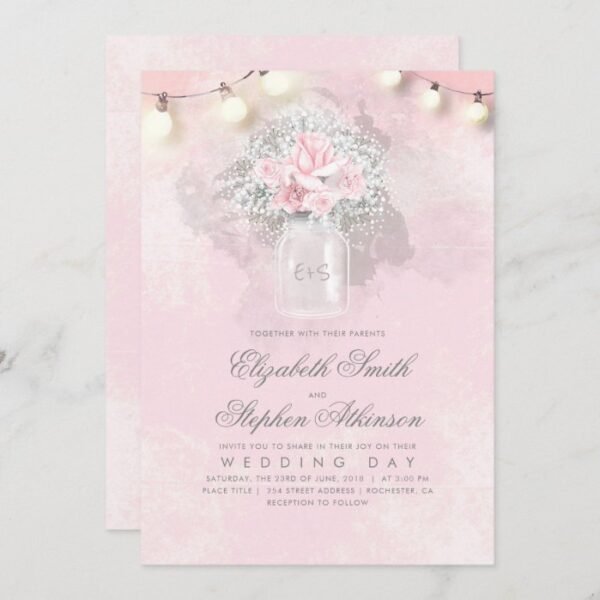 Pink Floral Baby's Breath Mason Jar Rustic Wedding Invitation