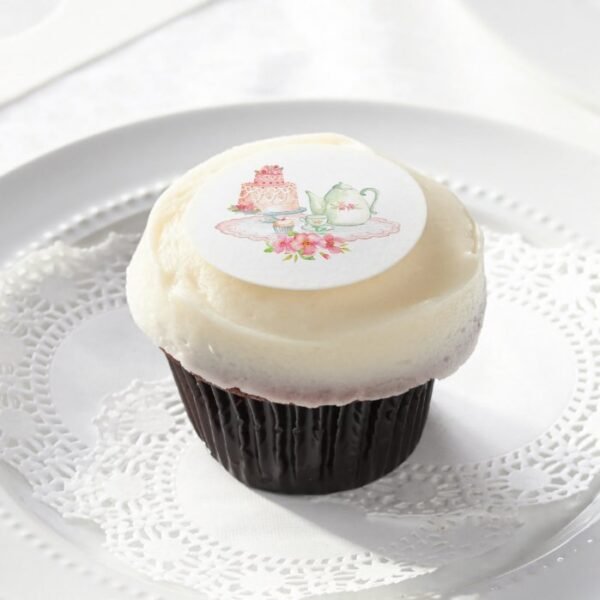 Pink Floral Bridal Tea Cupcake Frosting Round