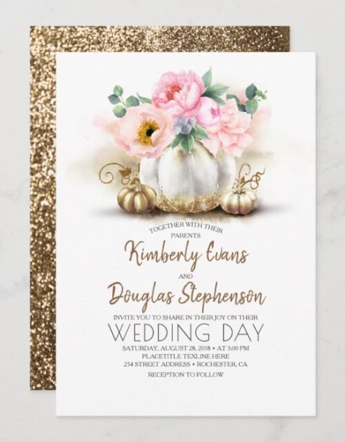 Pink Floral Gold and White Pumpkin Fall Wedding Invitation