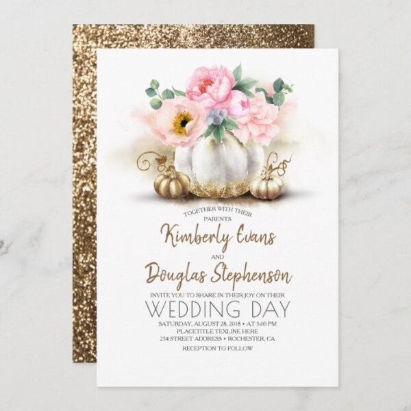 Pink Floral Gold and White Pumpkin Fall Wedding Invitation