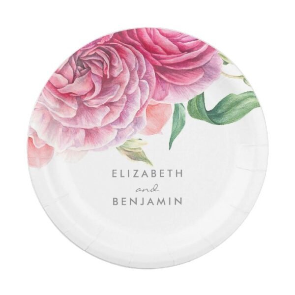 Pink Floral Watercolor Elegant Botanical Wedding Paper Plate