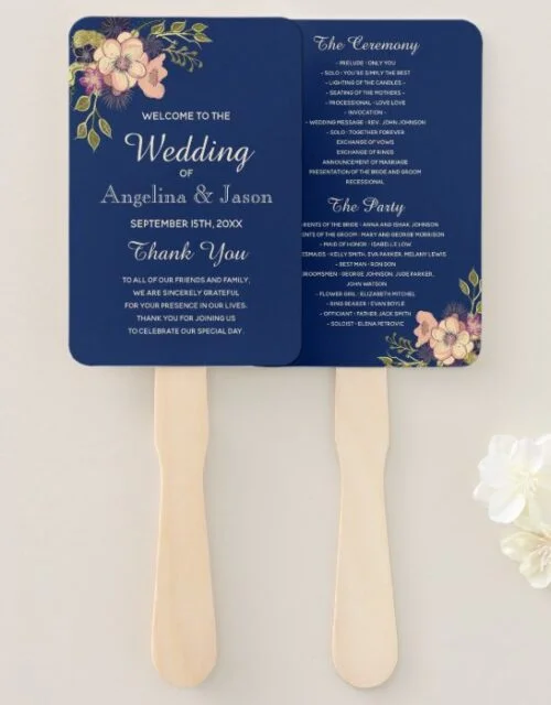 Pink Floral Watercolor , Navy Blue Wedding Program Hand Fan