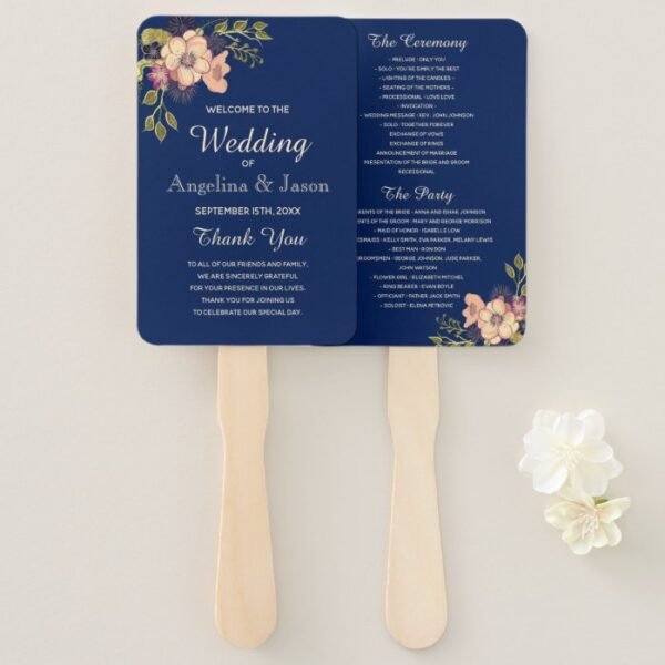 Pink Floral Watercolor , Navy Blue Wedding Program Hand Fan