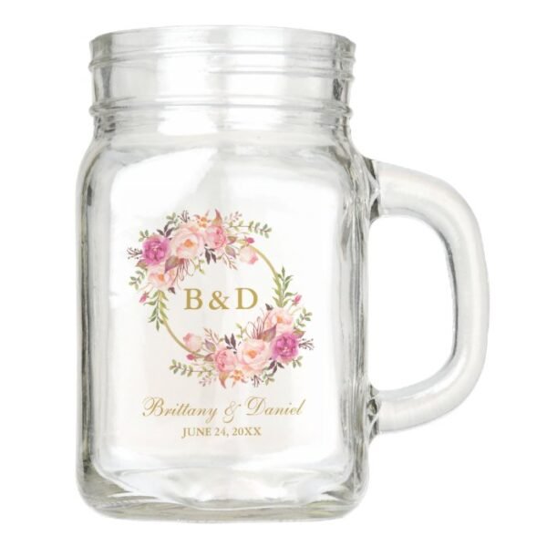 Pink Floral Wreath Gold Monogram Wedding Mason Jar