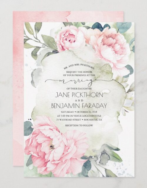 Pink Flowers and Greenery Elegant Vintage Marriage Invitation