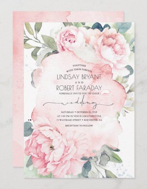 Pink Flowers and Greenery Elegant Vintage Wedding Invitation
