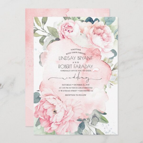 Pink Flowers and Greenery Elegant Vintage Wedding Invitation