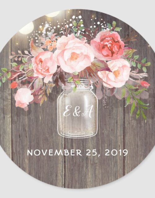 Pink Flowers Mason Jar Rustic Wedding Classic Round Sticker