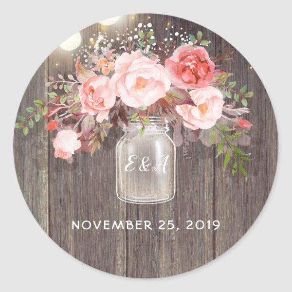 Pink Flowers Mason Jar Rustic Wedding Classic Round Sticker