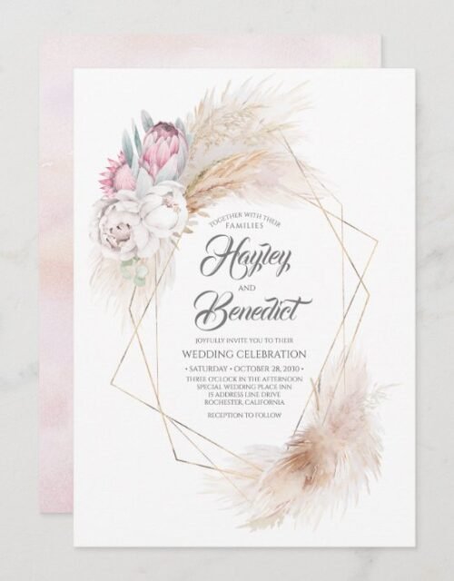 Pink King Protea and Pampas Grass Modern Wedding Invitation