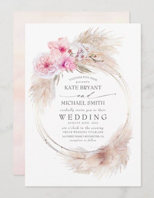 Pink Orchids and Pampas Grass Tropical Wedding Invitation