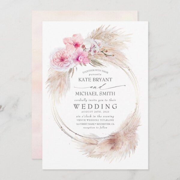 Pink Orchids and Pampas Grass Tropical Wedding Invitation