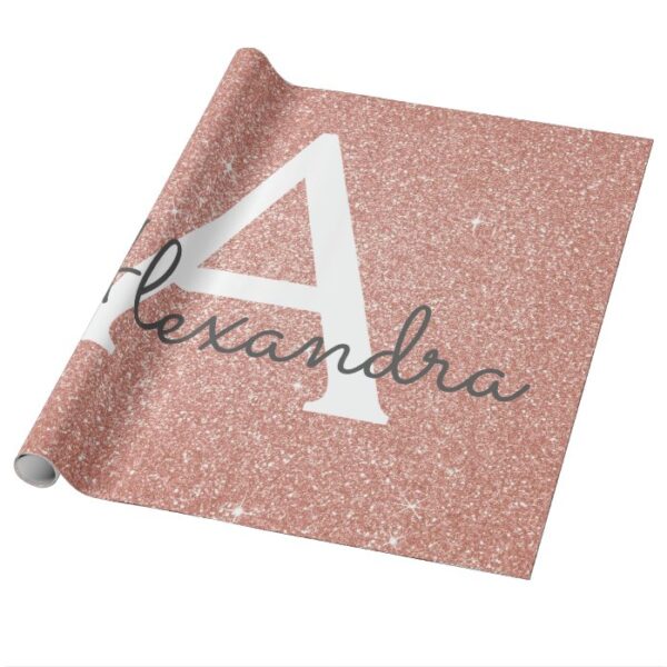 Pink Rose Gold Glitter and Sparkle Monogram Wrapping Paper