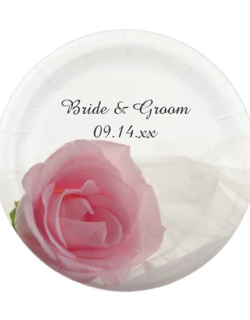 Pink Rose on White Wedding Paper Plate