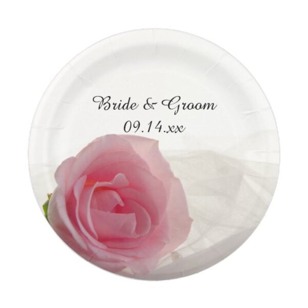Pink Rose on White Wedding Paper Plate