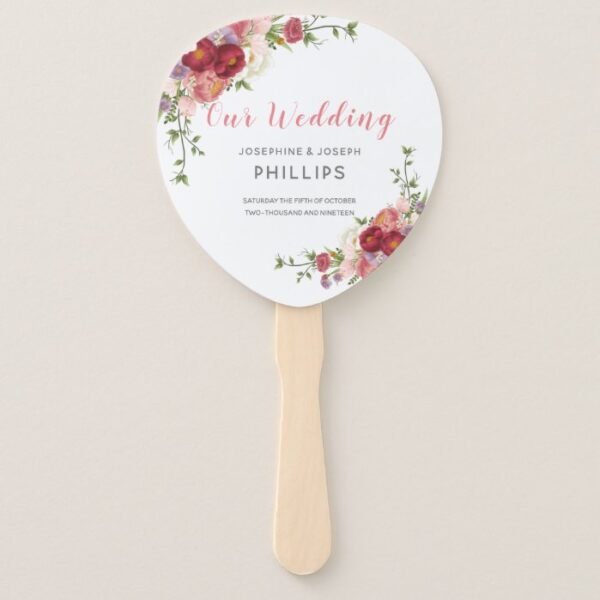 Pink & Rose Watercolor Peonies Just Married Hand Fan