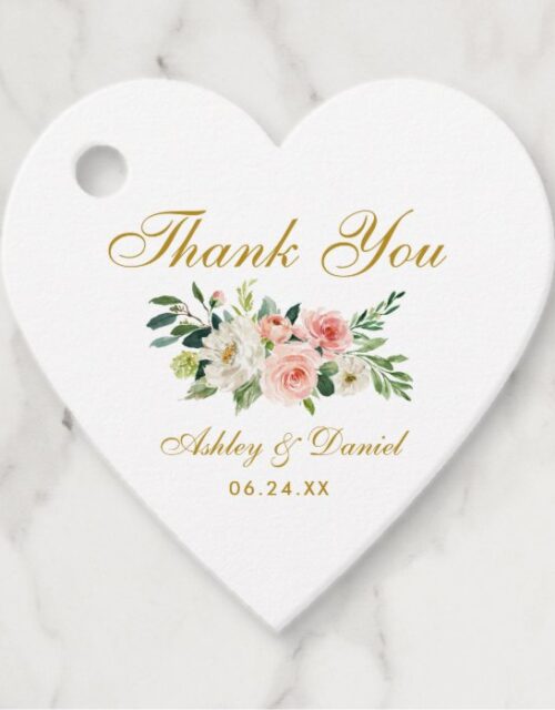Pink White Floral Gold Wedding Thank You Heart Favor Tags