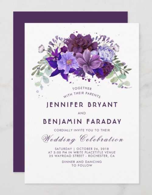 Plum and Violet Floral Purple Elegant Wedding Invitation