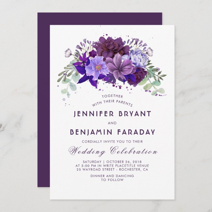 Plum and Violet Floral Purple Elegant Wedding Invitation
