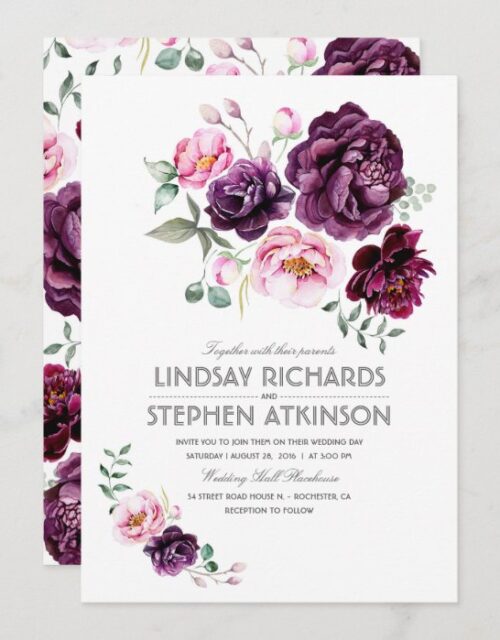 Plum Burgundy and Blush Floral Watercolor Wedding Invitation