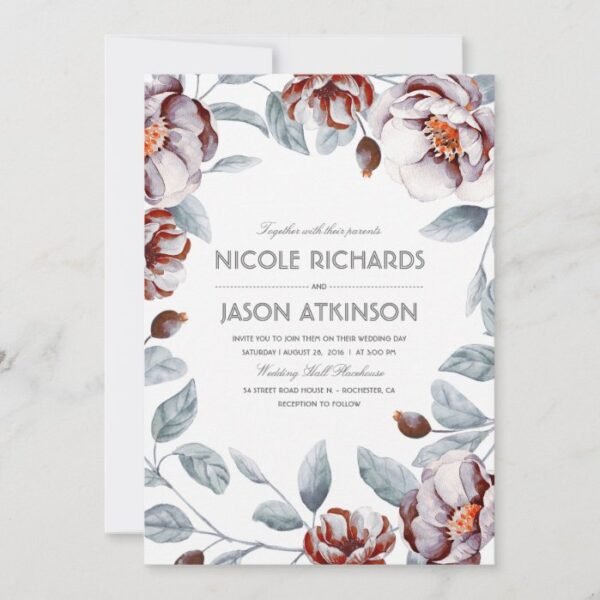 Plum Purple and Burgundy Floral Watercolor Wedding Invitation