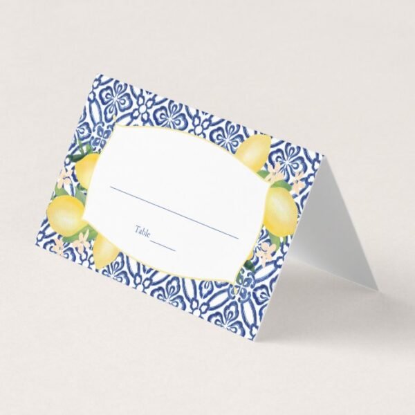 Positano Lemons Blue and White Pattern Wedding Place Card