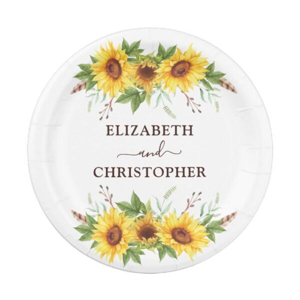 Pretty Boho Watercolor Sunflowers Wedding Party Paper Plate