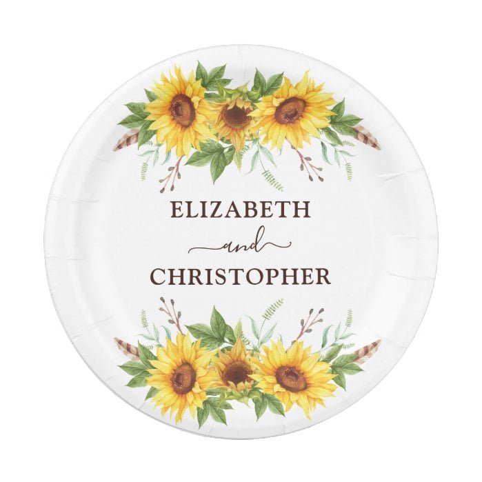 Pretty Boho Watercolor Sunflowers Wedding Party Paper Plate
