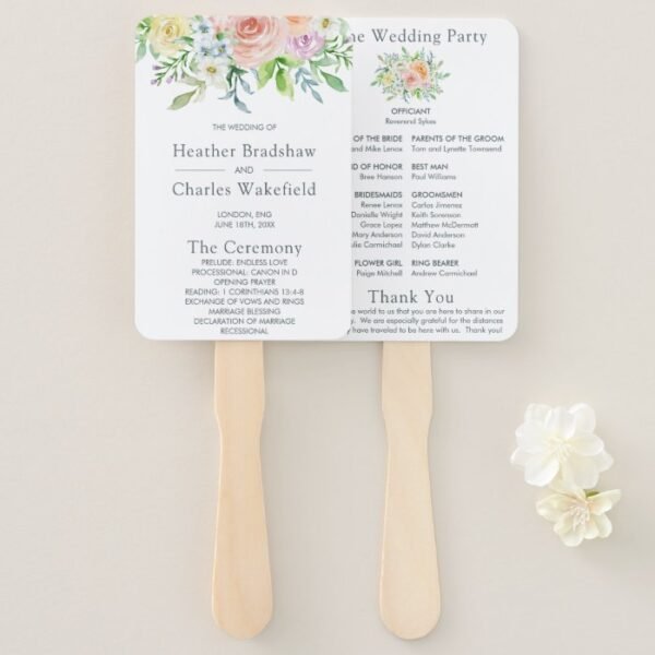 Pretty Flowers Wedding Program Hand Fan