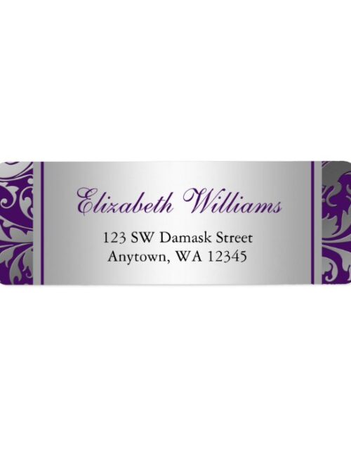 Purple and Silver Damask Swirls Return Address Label