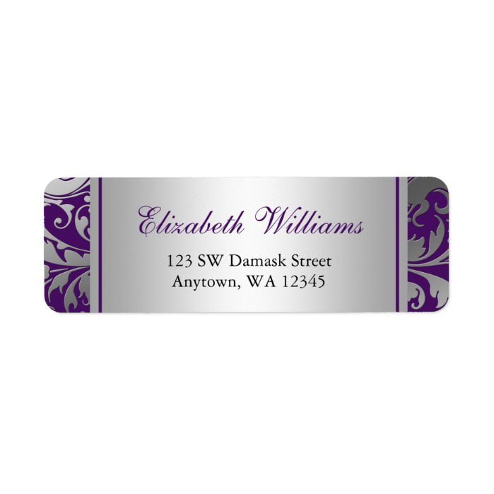 Purple and Silver Damask Swirls Return Address Label