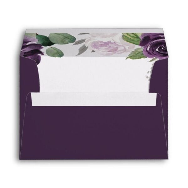 Purple and Silver Elegant Floral White Wedding Envelope