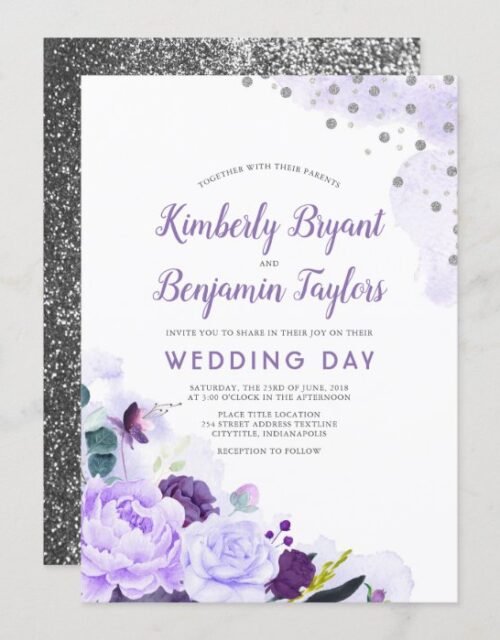 Purple and Silver | Floral Watercolor Wedding Invitation
