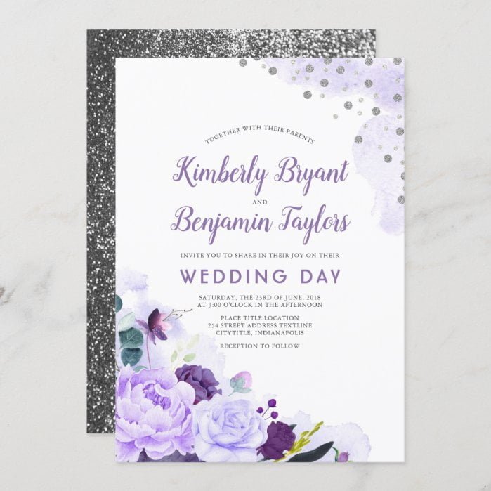 Purple and Silver | Floral Watercolor Wedding Invitation