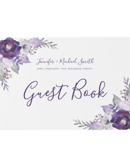 Purple and Silver Watercolor Floral Wedding Guest Guest Book