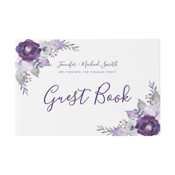 Purple and Silver Watercolor Floral Wedding Guest Guest Book