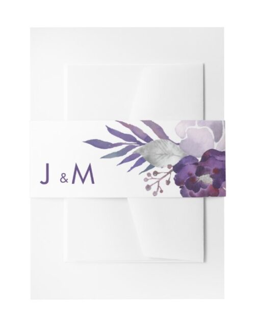 Purple and Silver Watercolor Floral Wedding Invitation Belly Band