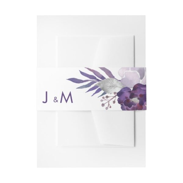 Purple and Silver Watercolor Floral Wedding Invitation Belly Band