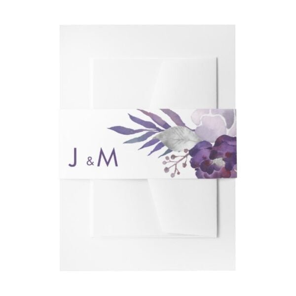 Purple and Silver Watercolor Floral Wedding Invitation Belly Band