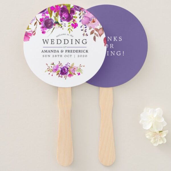 Purple and Violet Floral Wedding Favor Hand Fan