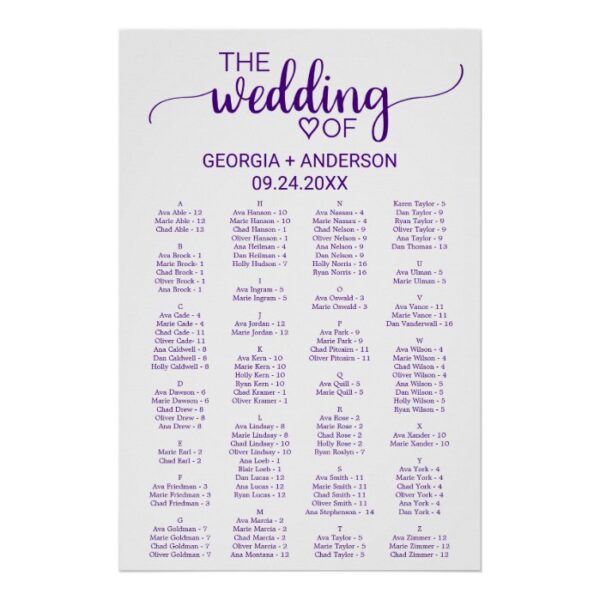 Purple Calligraphy Alphabetical Seating Chart