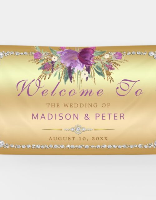 Purple Glitter Flowers Diamonds Gold Wedding Banner